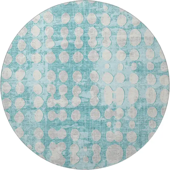 8' Teal And Ivory Polka Dot Washable Round Rug With UV Protection Photo 4