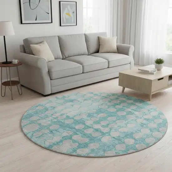 8' Teal And Ivory Polka Dot Washable Round Rug With UV Protection Photo 2