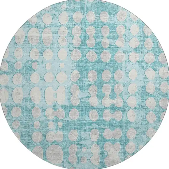8' Teal And Ivory Polka Dot Washable Round Rug With UV Protection Photo 3