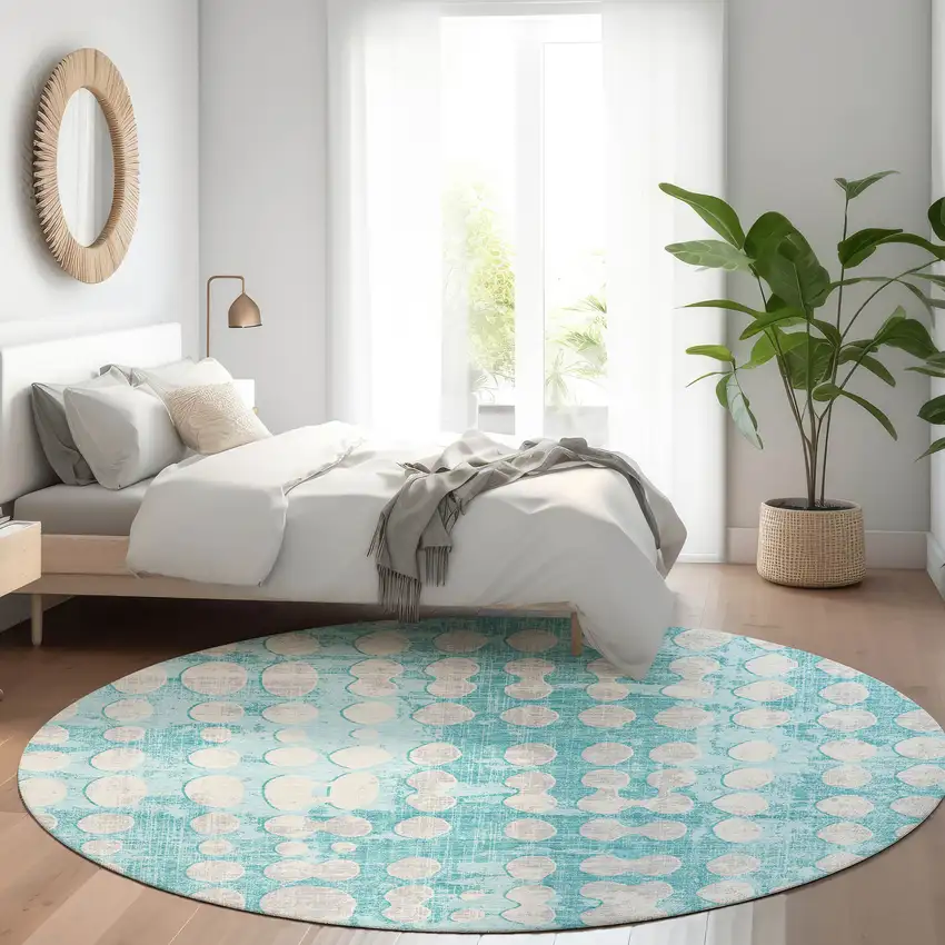 8' Teal And Ivory Polka Dot Washable Round Rug With UV Protection Photo 5