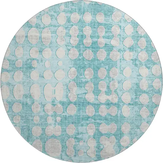 8' Teal And Ivory Polka Dot Washable Round Rug With UV Protection Photo 1
