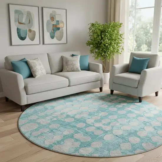 8' Teal And Ivory Polka Dot Washable Round Rug With UV Protection Photo 1