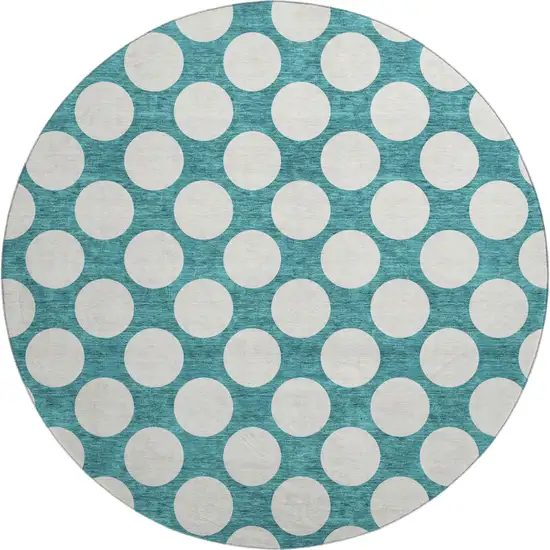 8' Teal And Ivory Polka Dot Washable Round Rug With UV Protection Photo 1