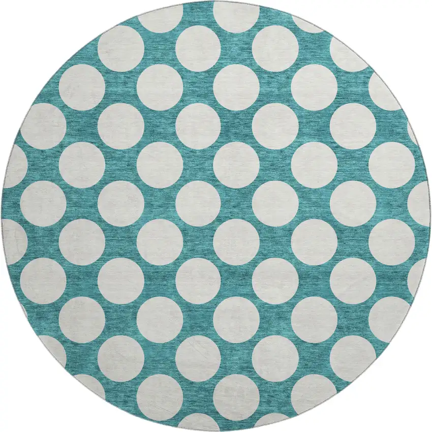 8' Teal And Ivory Polka Dot Washable Round Rug With UV Protection Photo 1