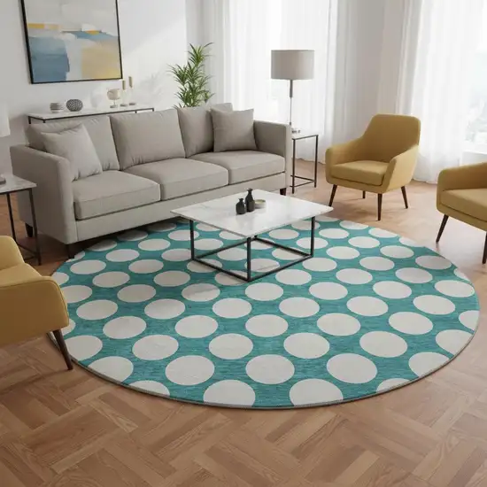 8' Teal And Ivory Polka Dot Washable Round Rug With UV Protection Photo 2