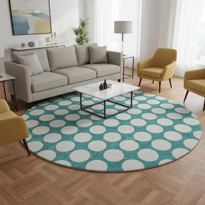 8' Teal And Ivory Polka Dot Washable Round Rug With UV Protection Photo 2
