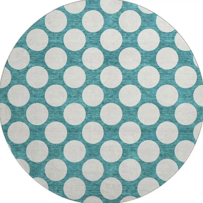 8' Teal And Ivory Polka Dot Washable Round Rug With UV Protection Photo 4