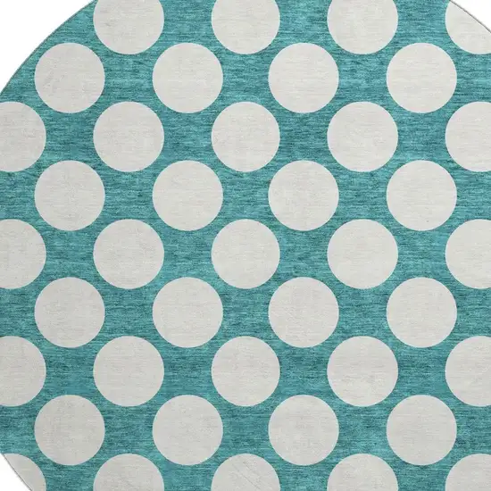8' Teal And Ivory Polka Dot Washable Round Rug With UV Protection Photo 3