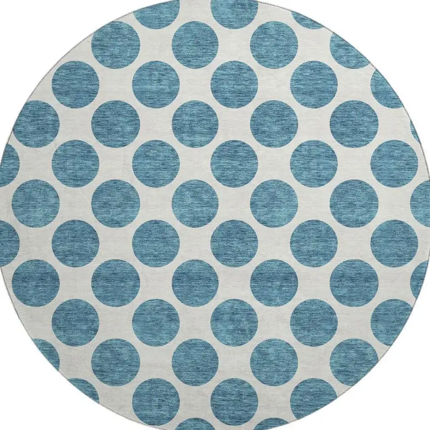 8' Teal And Ivory Polka Dot Washable Round Rug With UV Protection Photo 2
