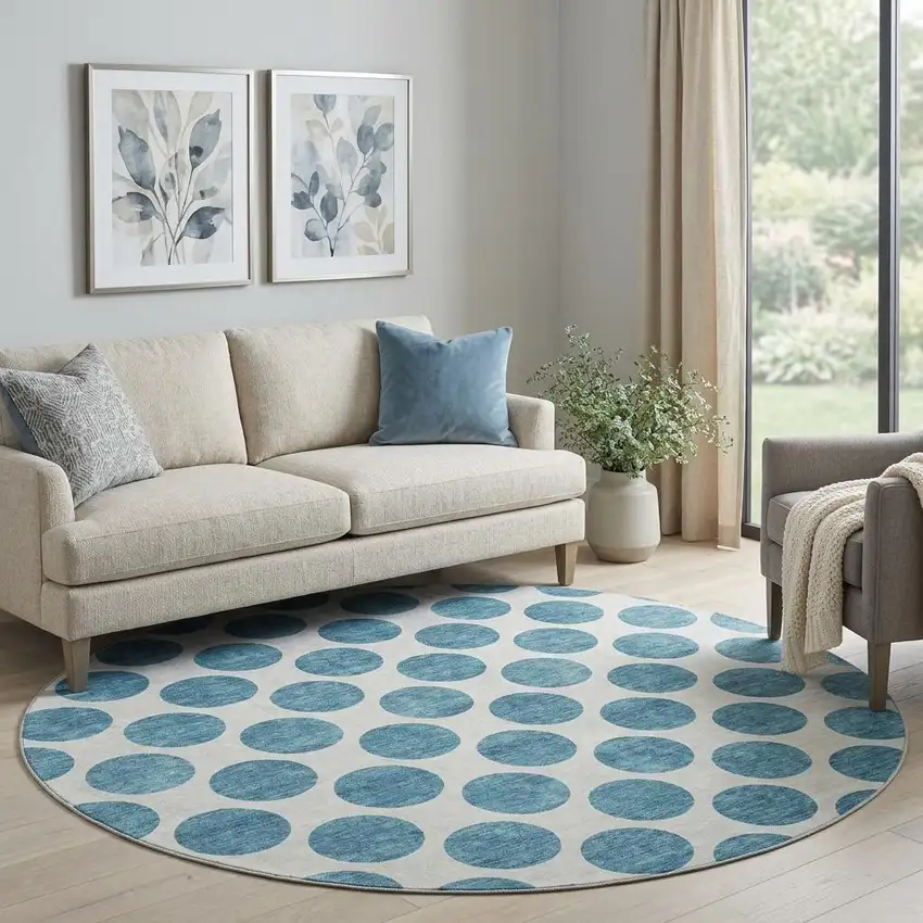 8' Teal And Ivory Polka Dot Washable Round Rug With UV Protection Photo 1