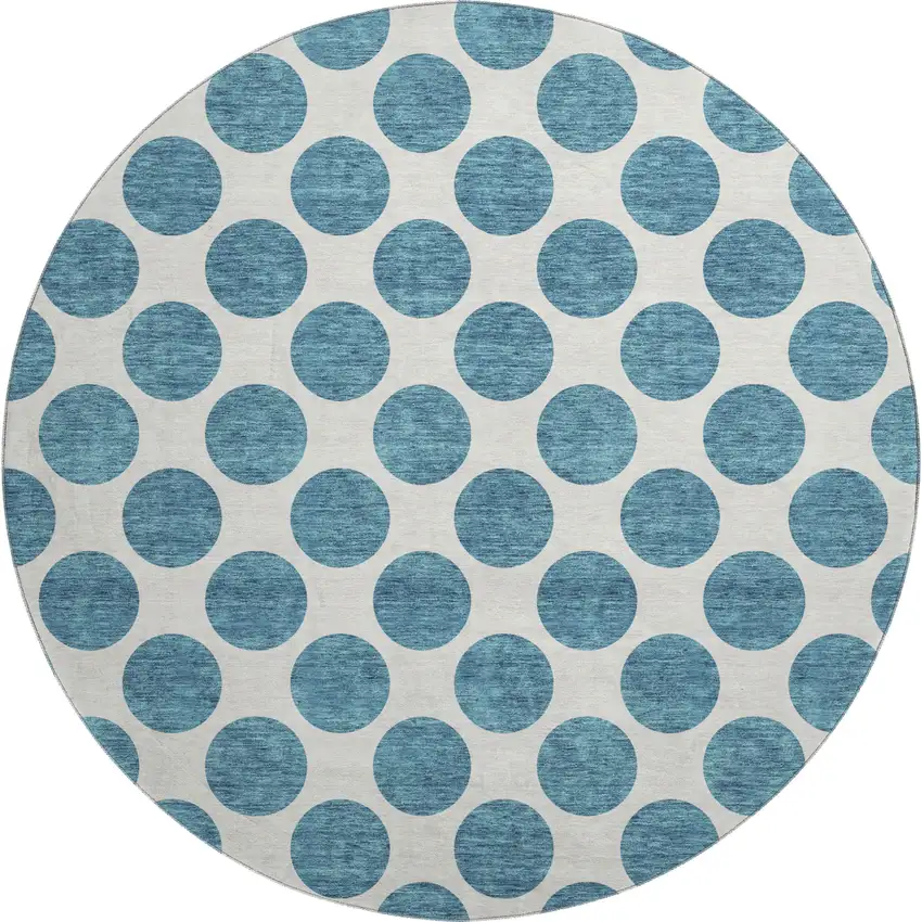8' Teal And Ivory Polka Dot Washable Round Rug With UV Protection Photo 1
