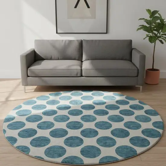 8' Teal And Ivory Polka Dot Washable Round Rug With UV Protection Photo 2