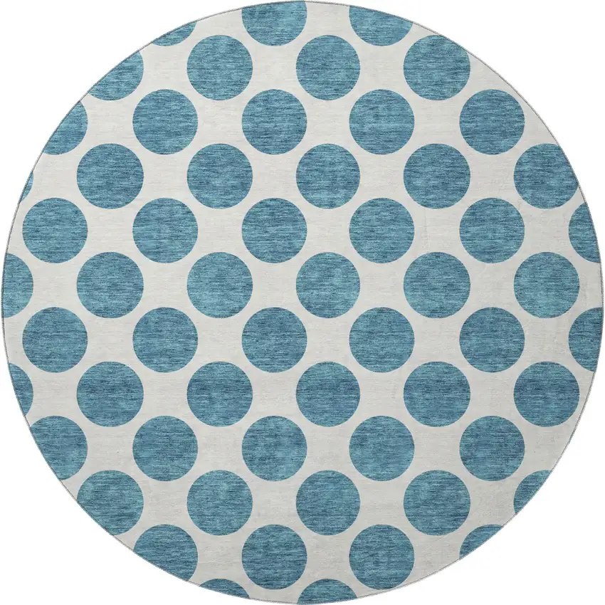 8' Teal And Ivory Polka Dot Washable Round Rug With UV Protection Photo 3