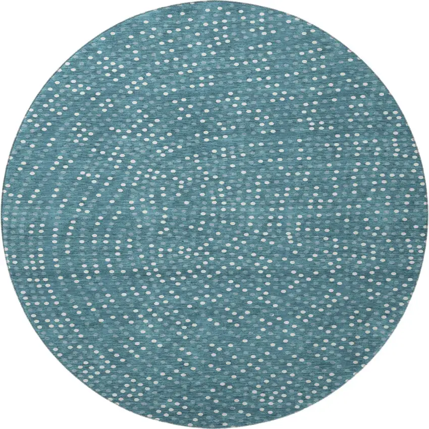 8' Teal And Ivory Polka Dot Washable Round Rug With UV Protection Photo 2