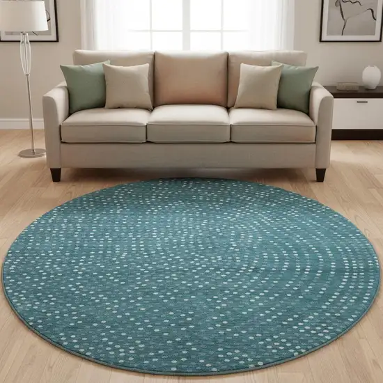 8' Teal And Ivory Polka Dot Washable Round Rug With UV Protection Photo 2