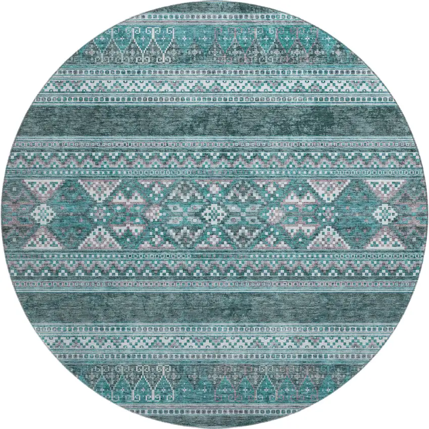 8' Teal And Ivory Southwestern Washable Round Rug With UV Protection Photo 1