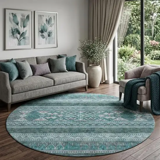 8' Teal And Ivory Southwestern Washable Round Rug With UV Protection Photo 1