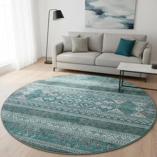 8' Teal And Ivory Southwestern Washable Round Rug With UV Protection Photo 2