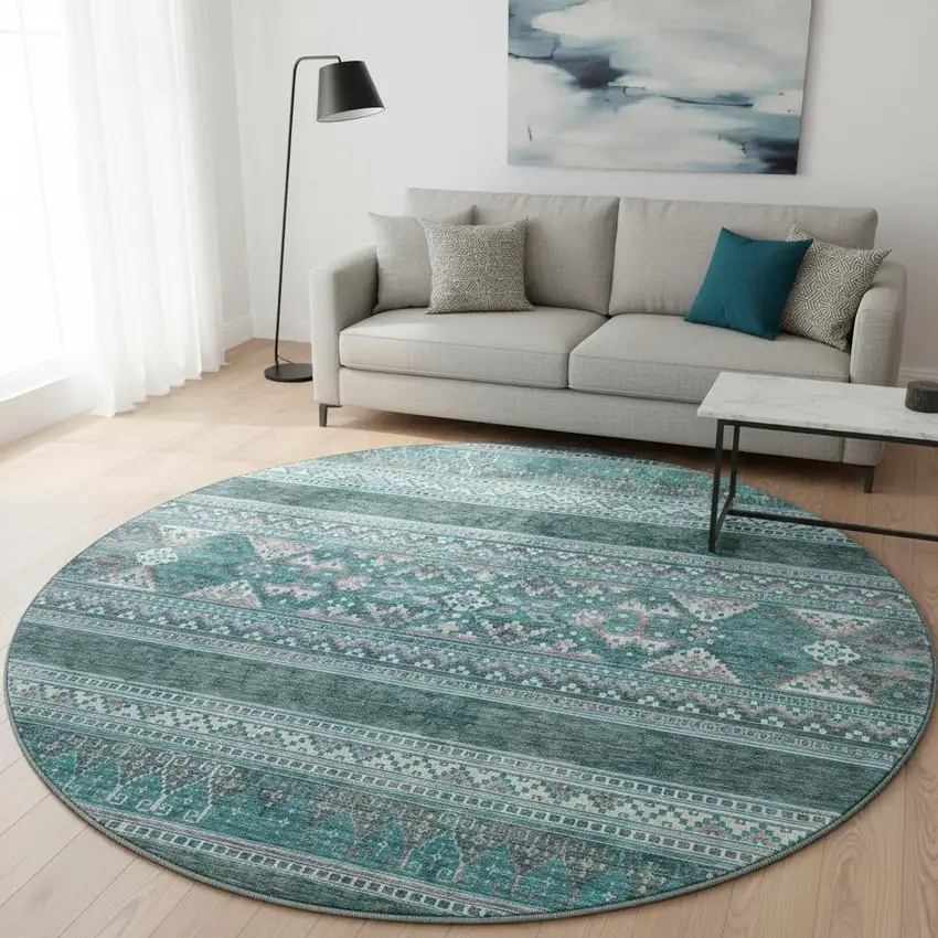 8' Teal And Ivory Southwestern Washable Round Rug With UV Protection Photo 2