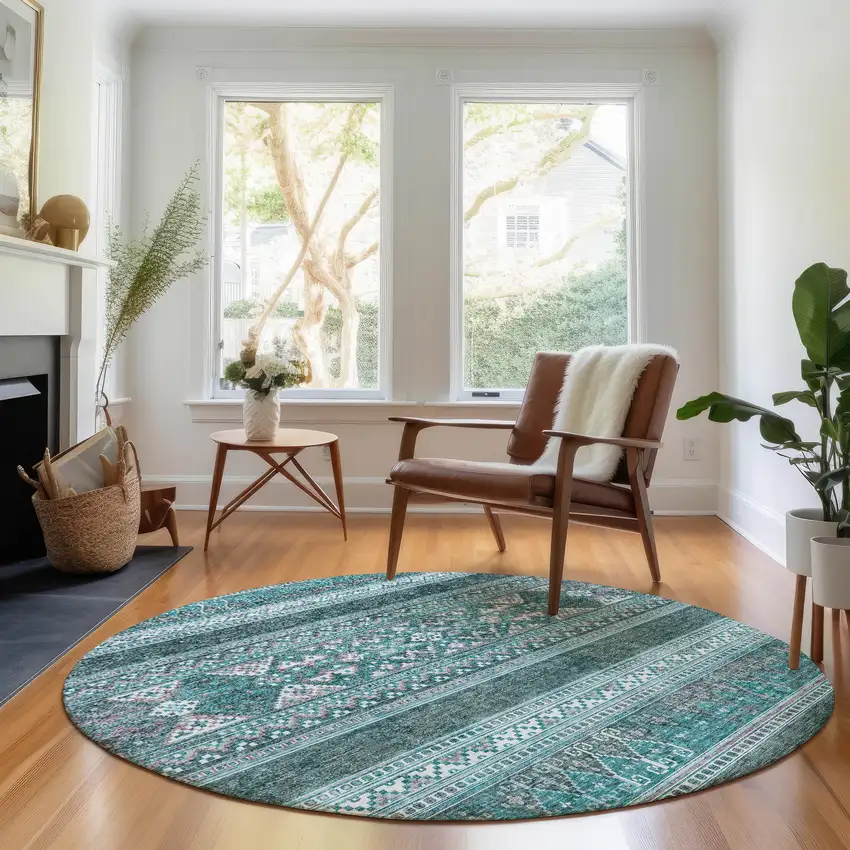 8' Teal And Ivory Southwestern Washable Round Rug With UV Protection Photo 5