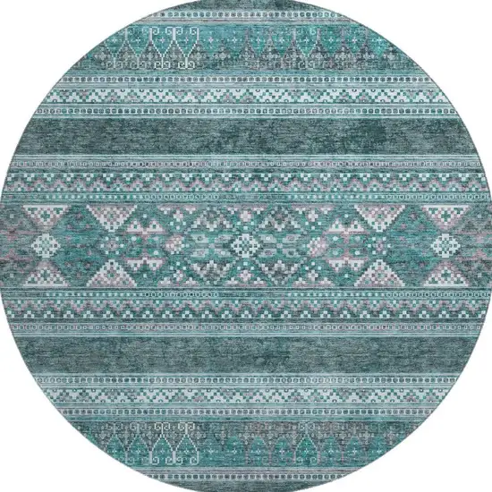 8' Teal And Ivory Southwestern Washable Round Rug With UV Protection Photo 3