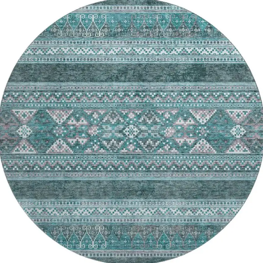 8' Teal And Ivory Southwestern Washable Round Rug With UV Protection Photo 3