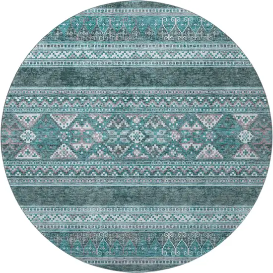 8' Teal And Ivory Southwestern Washable Round Rug With UV Protection Photo 4