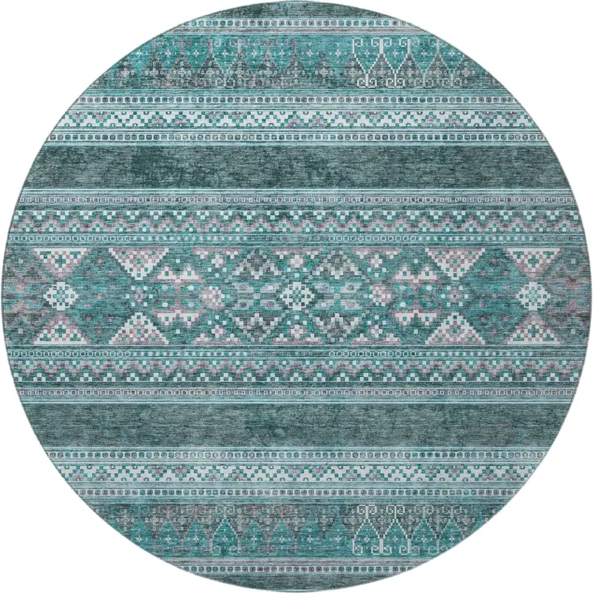 8' Teal And Ivory Southwestern Washable Round Rug With UV Protection Photo 4