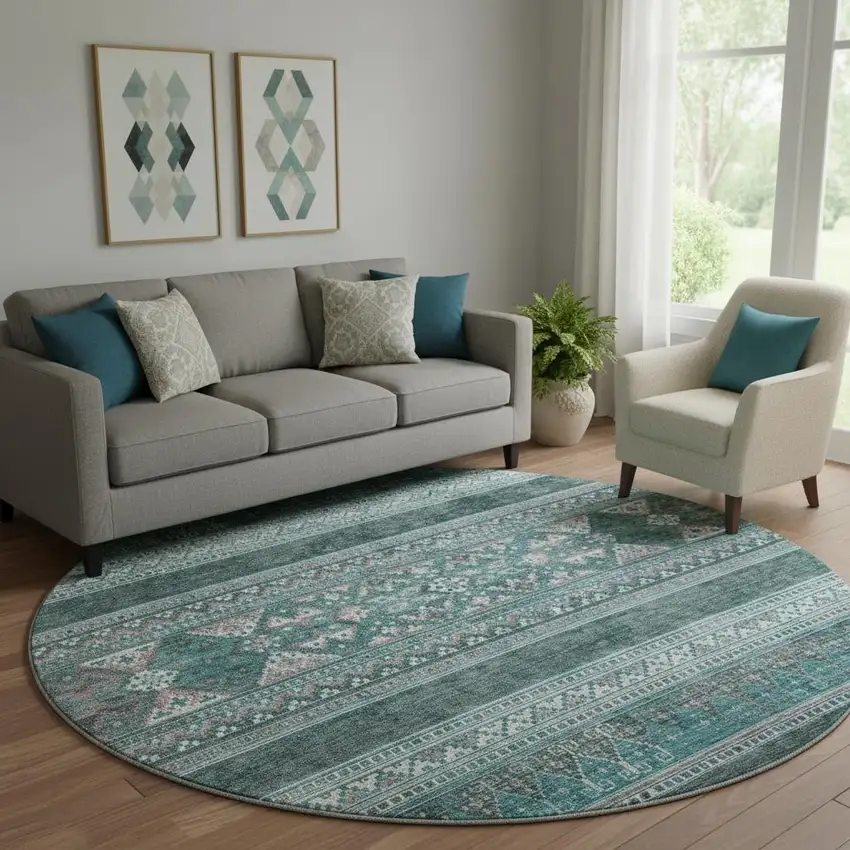 8' Teal And Ivory Southwestern Washable Round Rug With UV Protection Photo 1