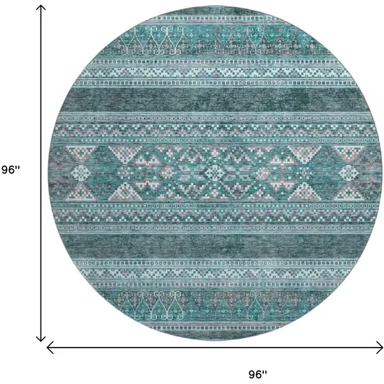 8' Teal And Ivory Southwestern Washable Round Rug With UV Protection Photo 6