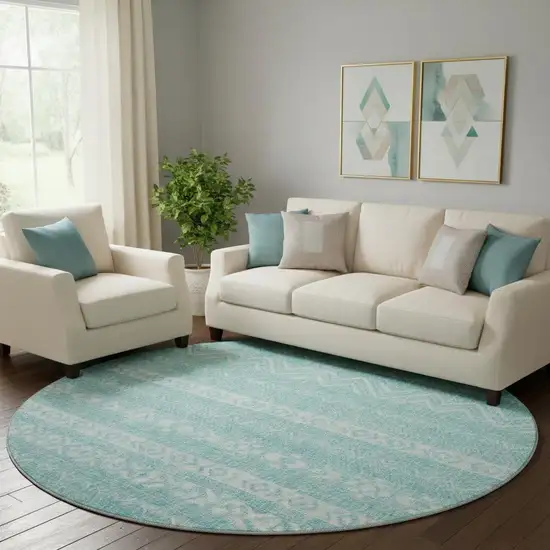 8' Teal And Ivory Southwestern Washable Round Rug With UV Protection Photo 1