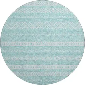 Photo of 8' Teal And Ivory Southwestern Washable Round Rug With UV Protection
