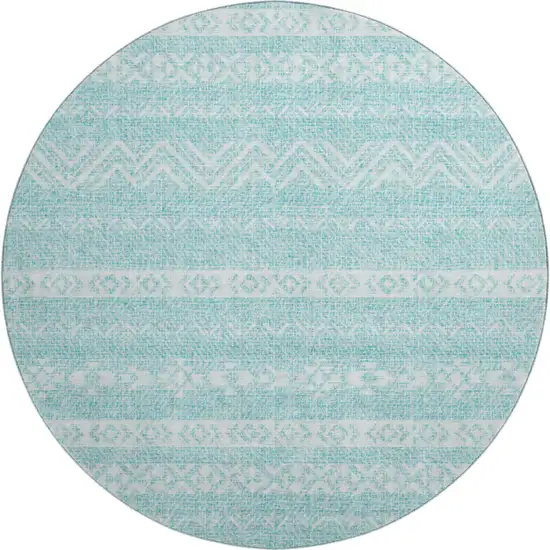 8' Teal And Ivory Southwestern Washable Round Rug With UV Protection Photo 1