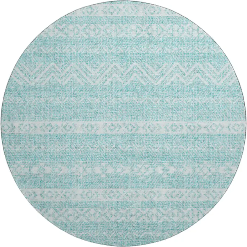 8' Teal And Ivory Southwestern Washable Round Rug With UV Protection Photo 1