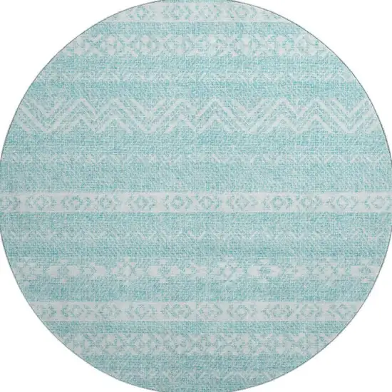 8' Teal And Ivory Southwestern Washable Round Rug With UV Protection Photo 4