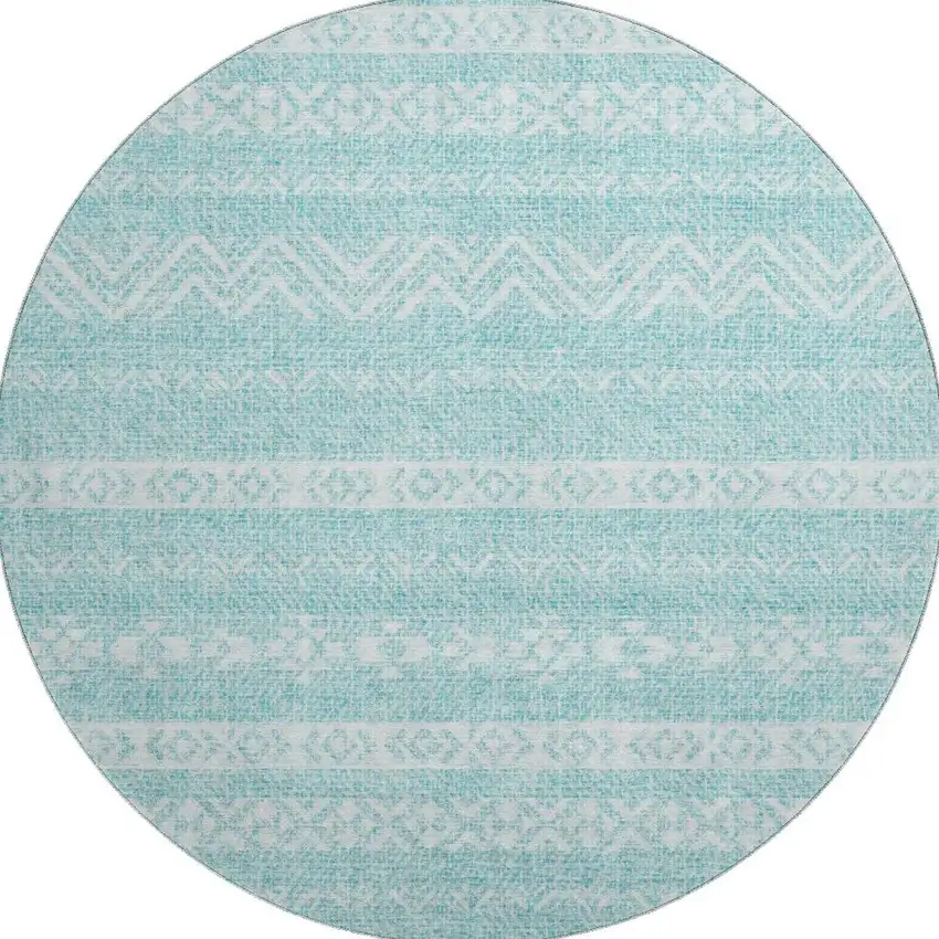 8' Teal And Ivory Southwestern Washable Round Rug With UV Protection Photo 4
