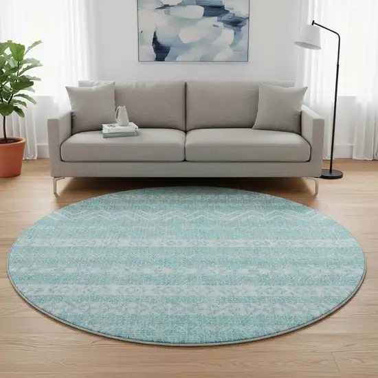 8' Teal And Ivory Southwestern Washable Round Rug With UV Protection Photo 2