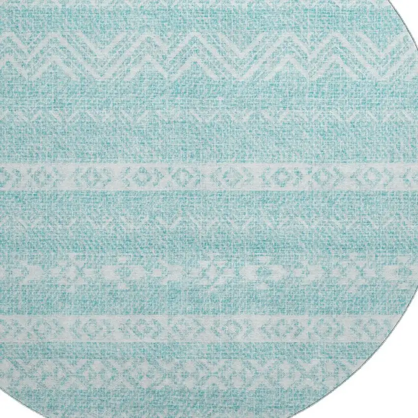 8' Teal And Ivory Southwestern Washable Round Rug With UV Protection Photo 3
