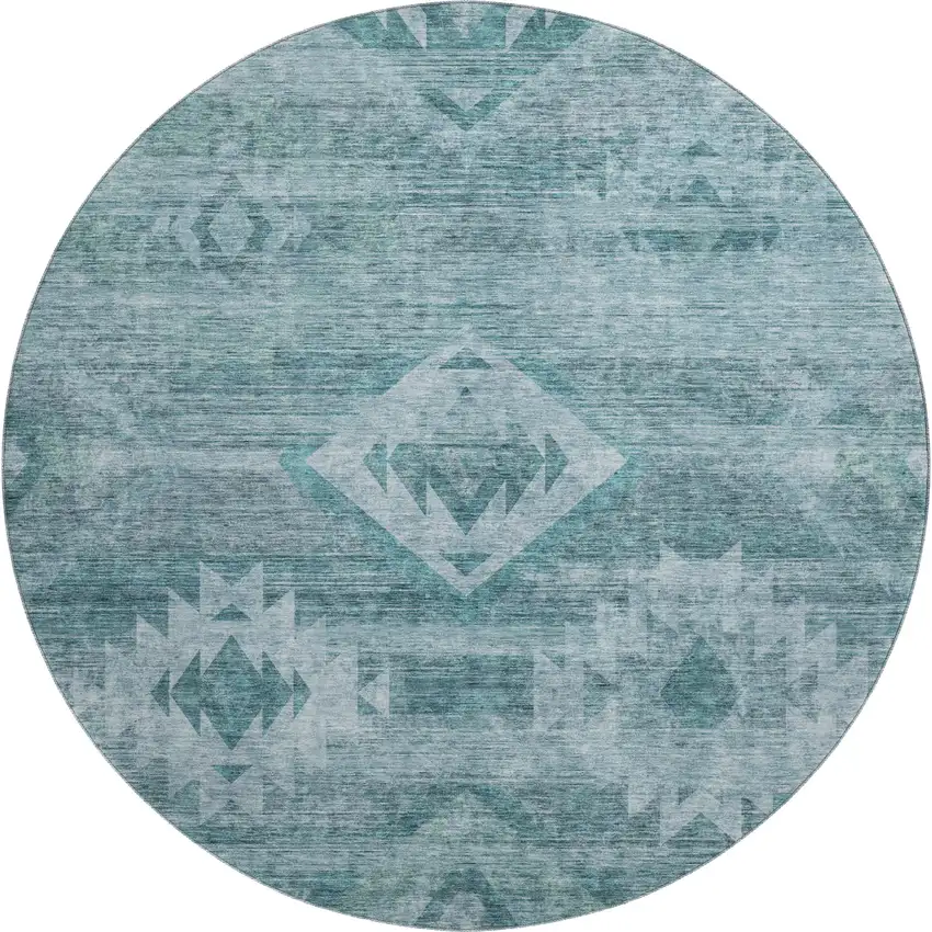 8' Teal And Ivory Southwestern Washable Round Rug With UV Protection Photo 1