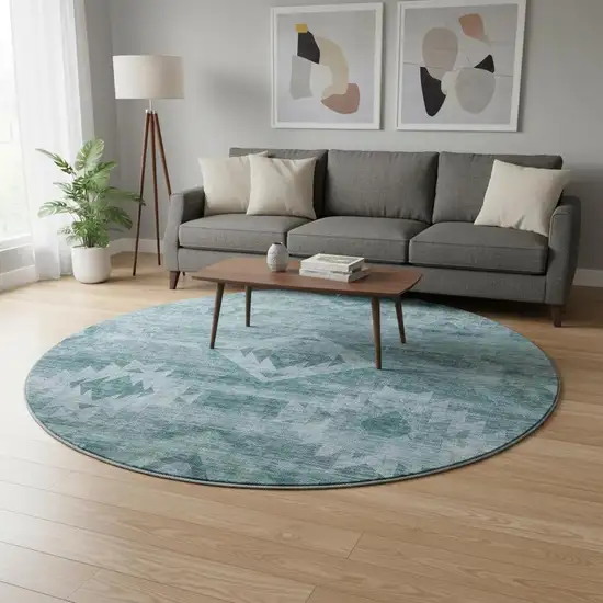 8' Teal And Ivory Southwestern Washable Round Rug With UV Protection Photo 2