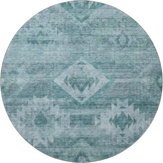 8' Teal And Ivory Southwestern Washable Round Rug With UV Protection Photo 4