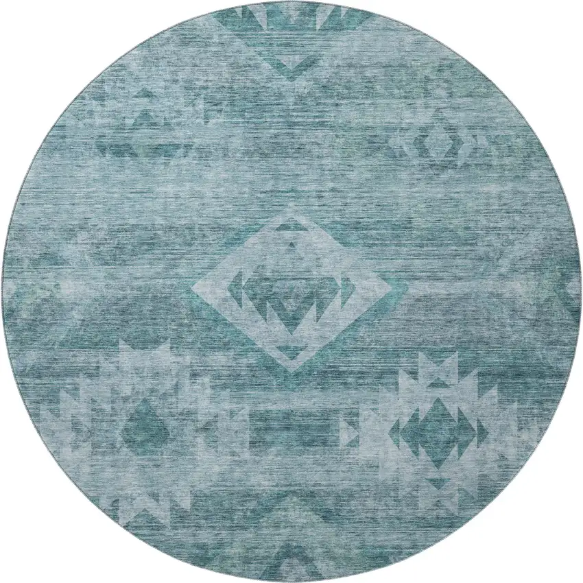 8' Teal And Ivory Southwestern Washable Round Rug With UV Protection Photo 4