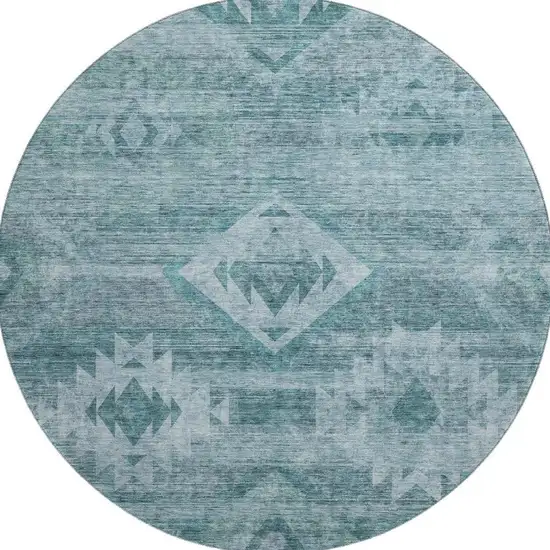 8' Teal And Ivory Southwestern Washable Round Rug With UV Protection Photo 3