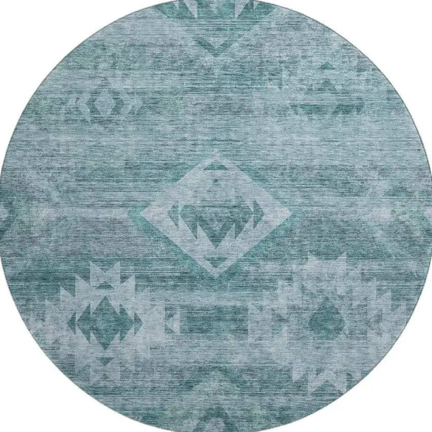 8' Teal And Ivory Southwestern Washable Round Rug With UV Protection Photo 3