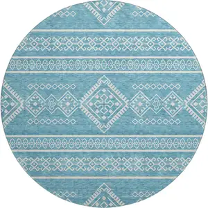 Photo of 8' Teal And Ivory Southwestern Washable Round Rug With UV Protection
