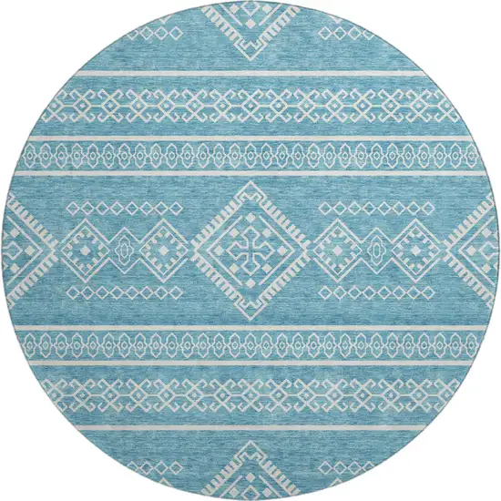 8' Teal And Ivory Southwestern Washable Round Rug With UV Protection Photo 1