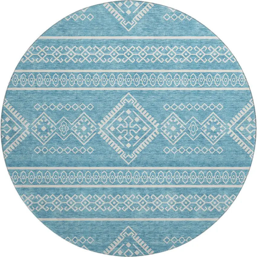 8' Teal And Ivory Southwestern Washable Round Rug With UV Protection Photo 1