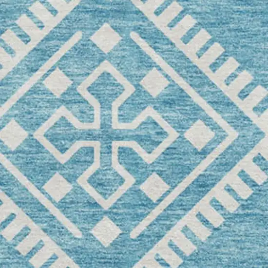 8' Teal And Ivory Southwestern Washable Round Rug With UV Protection Photo 3