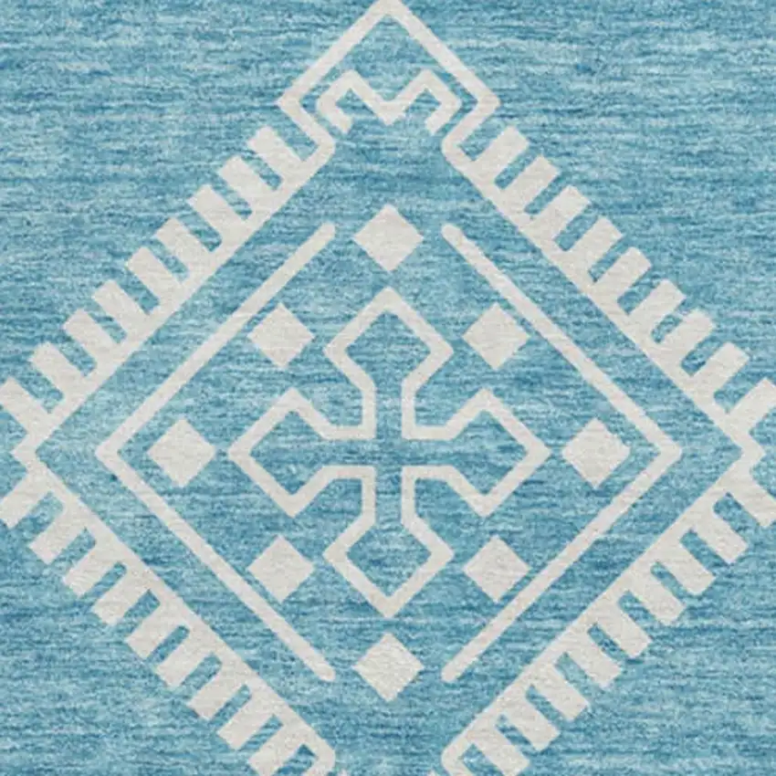 8' Teal And Ivory Southwestern Washable Round Rug With UV Protection Photo 4