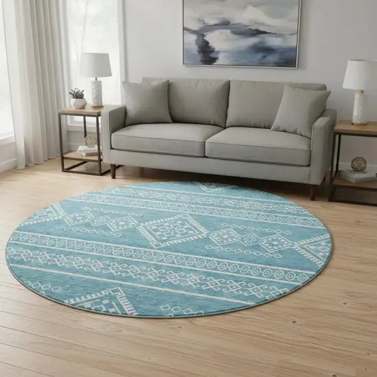 8' Teal And Ivory Southwestern Washable Round Rug With UV Protection Photo 2
